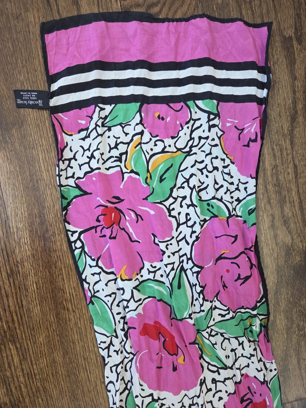 Bright‎ Pink Floral SILK Scarf with Green Leaves And Black And White Stripe